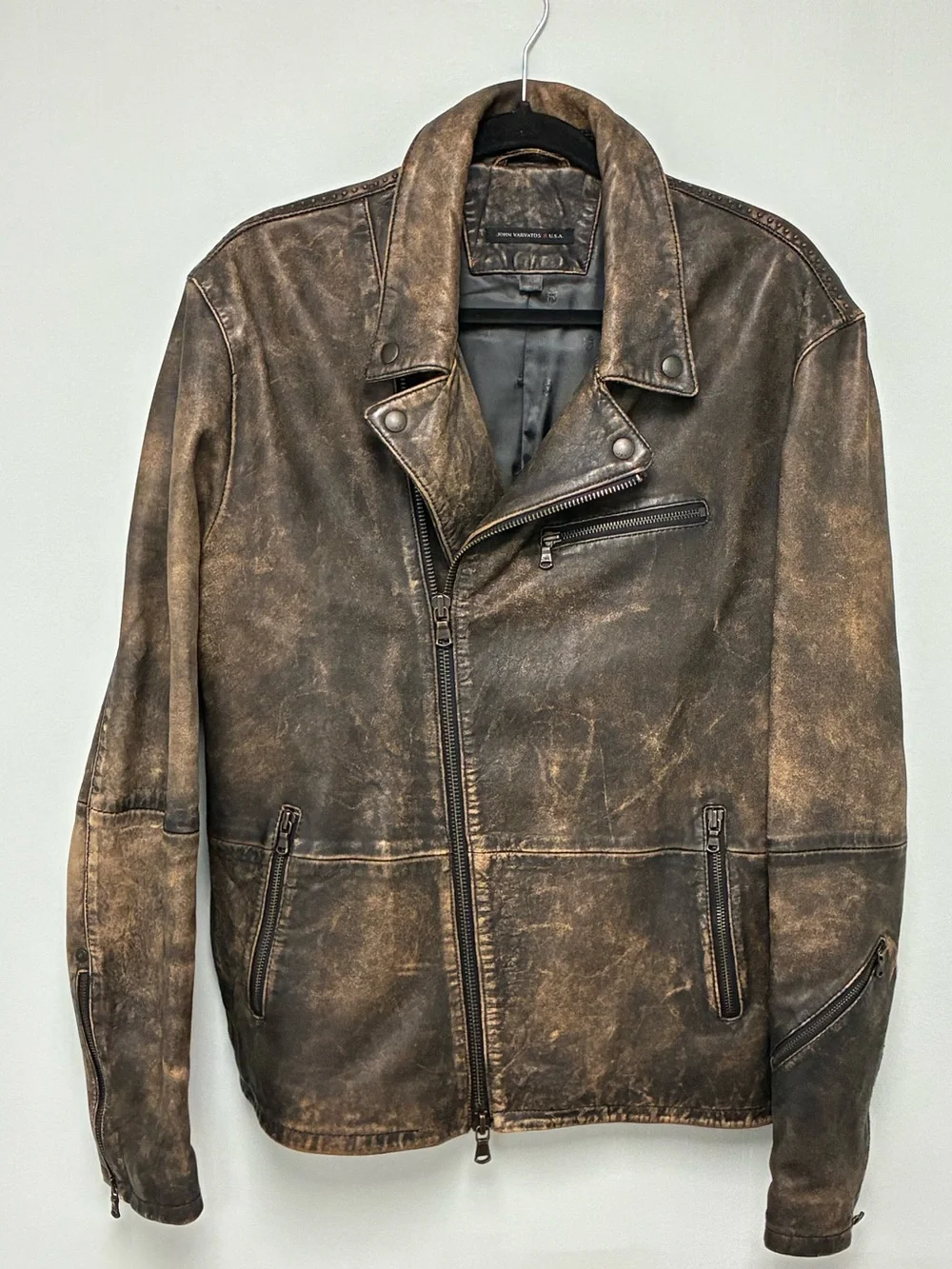 John Varvatos Distressed Leather Biker Jacket Large